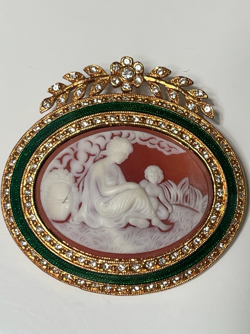 Joan Rivers Mother & Child Cameo, Rhinestone/Enameled Italianette Style Brooch